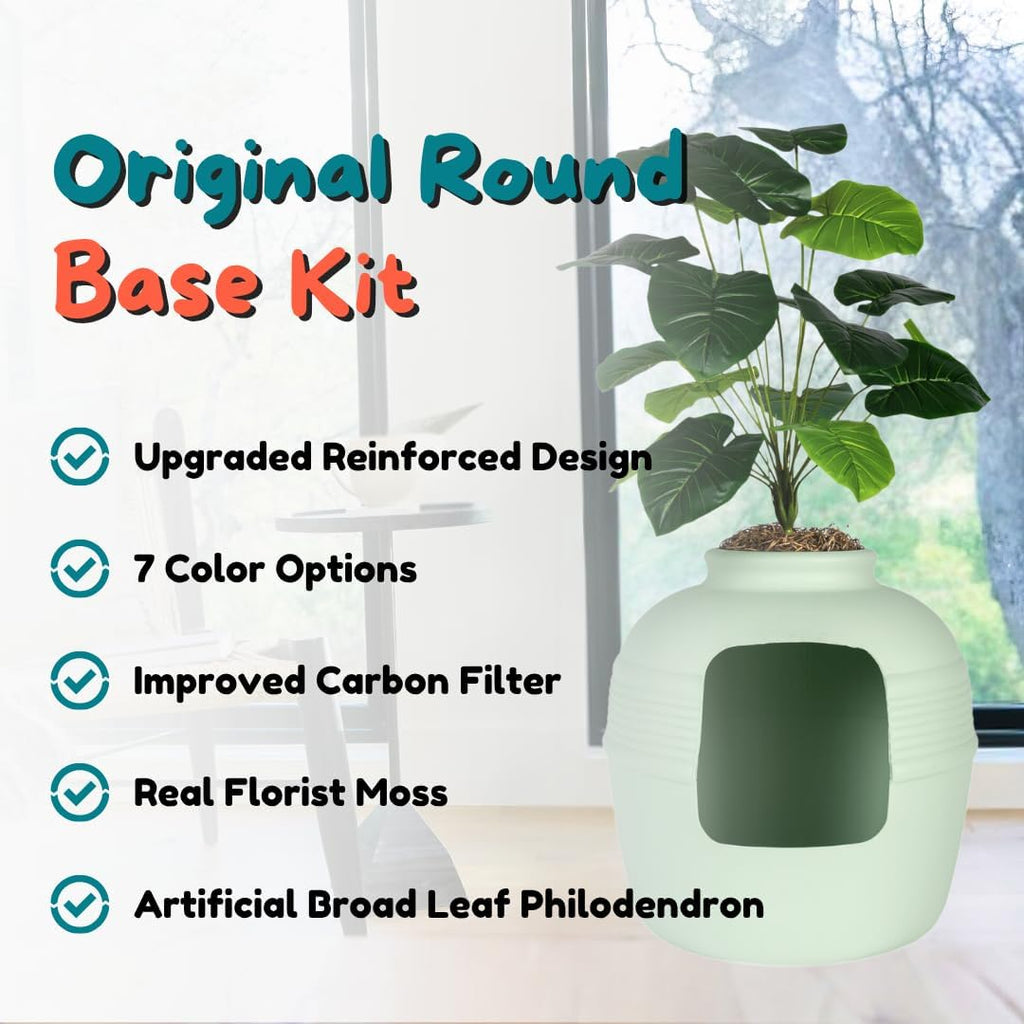 Good Pet Stuff Original Hidden Litter Box Planter, Decorative Cat Litter Enclosure, Carbon Filter, Faux Plant, Round Design, Easy to Clean, Base Kit, Broad Leaf Philodendron, Mint Green