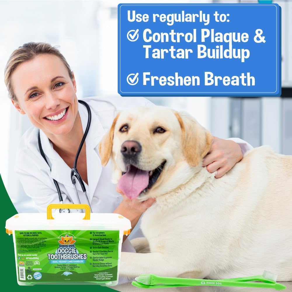 Bodhi Dog Dual-Headed Toothbrush for Dogs & Cats - Soft Bristles for Gentle Pet Dental Care - Puppy & Adult Teeth Cleaning - Easy-to-Use Design for Healthy Gums & Fresh Breath (100 Count) 
