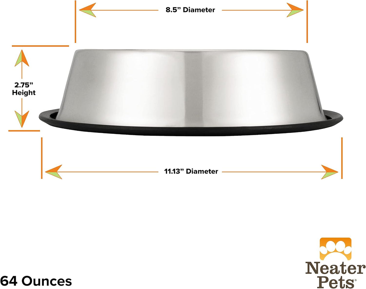 Neater Pet Brands - Stainless Steel No-Skid & Non-Tip Dog Bowl for Food or Water (64 oz, Stainless Steel)