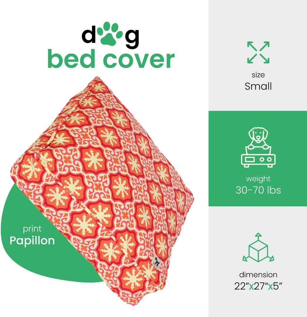 Molly Mutt Small Dog Bed Cover - Papillon Print - Measures 22”x27”x5’’ - 100% Cotton - Durable - Breathable - Sustainable - Machine Washable Dog Bed Cover