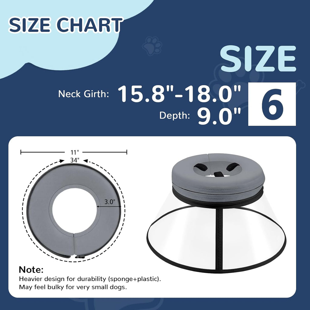 Sponge Core Dog Cone, Inflatable Dog Cone Collar Alternative, Dogs Donut Collar After Surgery, Soft Cone for Large Medium Small Dogs to Stop Licking, No Inflation Required, Clear View(Size 6, Gray)