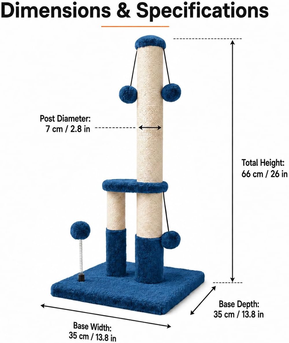 Dimaka Tall Cat Scratching Post, Double Lower Posts Extra Stable Cat Post Tree Scratcher with Sisal Rope and Teasing 4 Balls Total Large Base (Blue)