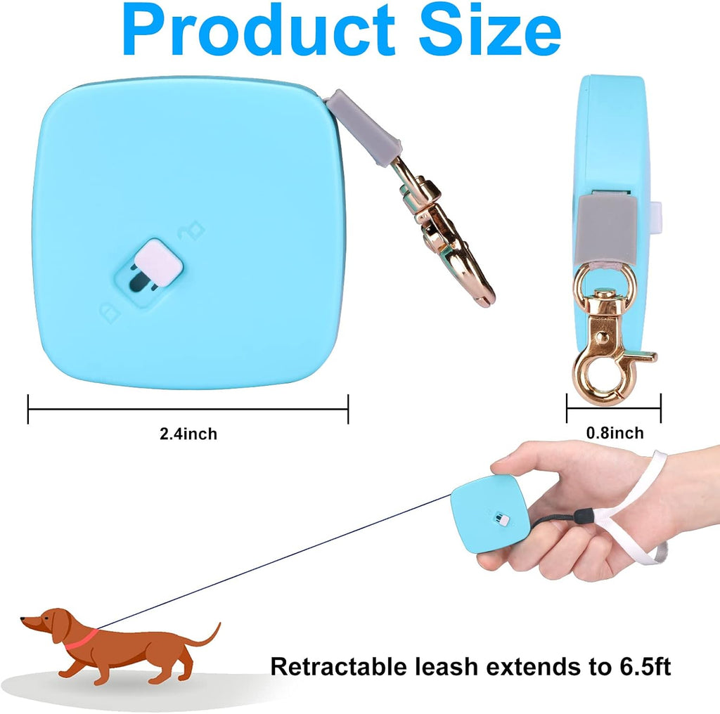 Retractable Dog Leash for Small Dogs Cats up to 11lbs with 6.5ft Anti-Pull Strong Nylon Tape, Hands Free, Mini and Portable Walking Leash with Wrist Strap, One-Hand Brake, Blue Square