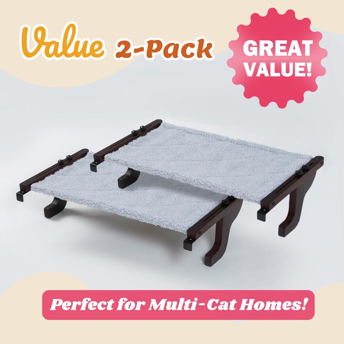 Zakkart 2-PC Easy Seat Cat Perch for Windowsill (Dark Stained Wood/Gray, M)