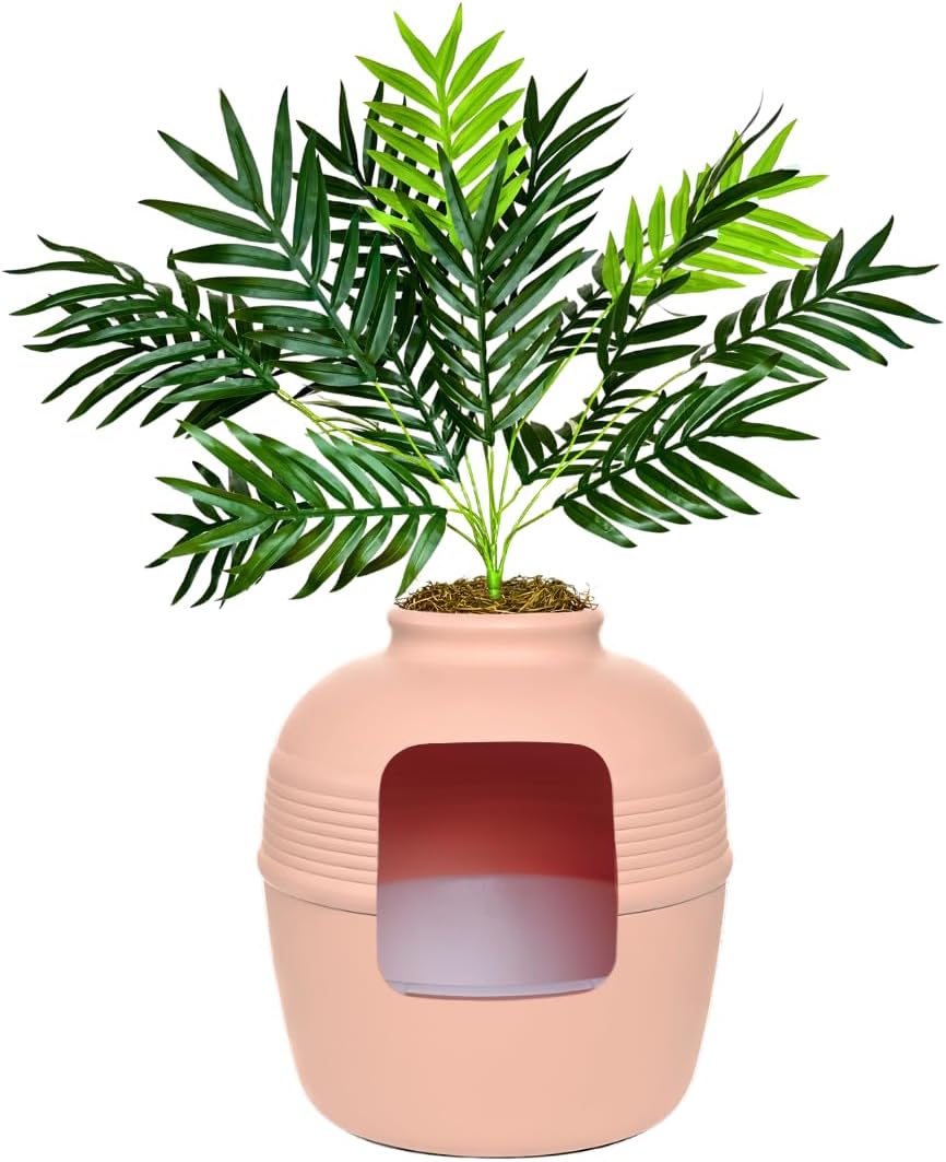 Good Pet Stuff Original Hidden Litter Box Planter, Decorative Cat Litter Enclosure, Carbon Filter, Faux Plant, Easy to Clean, Round Design, Removable Tray, Essentials Kit, Palm Plant, Blush Coral