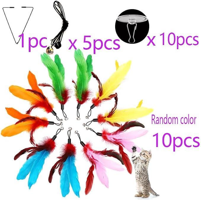 Suction Cup Door Hanging Cat Toy Set, Assorted Replaceable Refills Feather Worm Ribbon Mouse Butterfly Interactive Kitten Play Toy (Feather Set (10Pcs))
