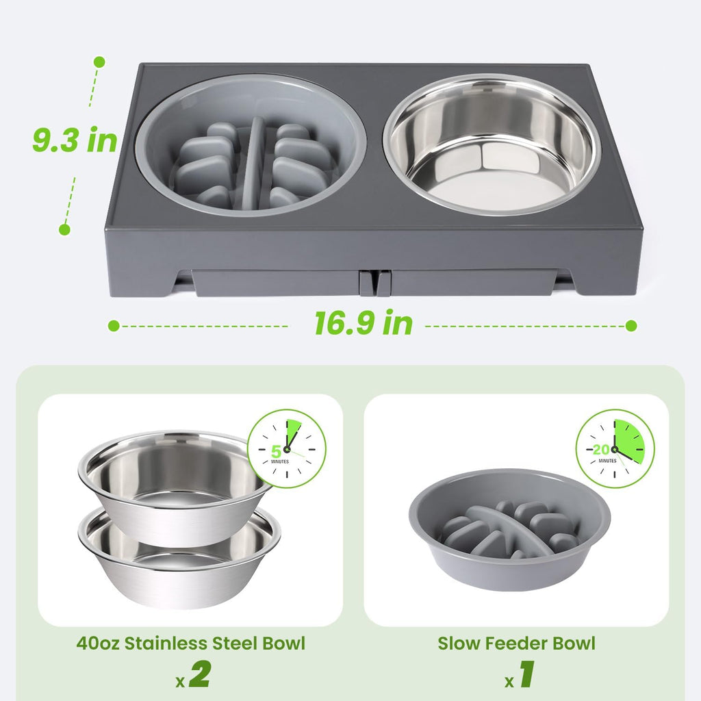 Elevated Dog Bowls with 5 Adjustable Heights Stand | 2 Stainless Steel Bowls, 1 Slow Feeder, 3.2" to 12.2" Hegiht Raised Dog Bowl for Small to Large Dogs