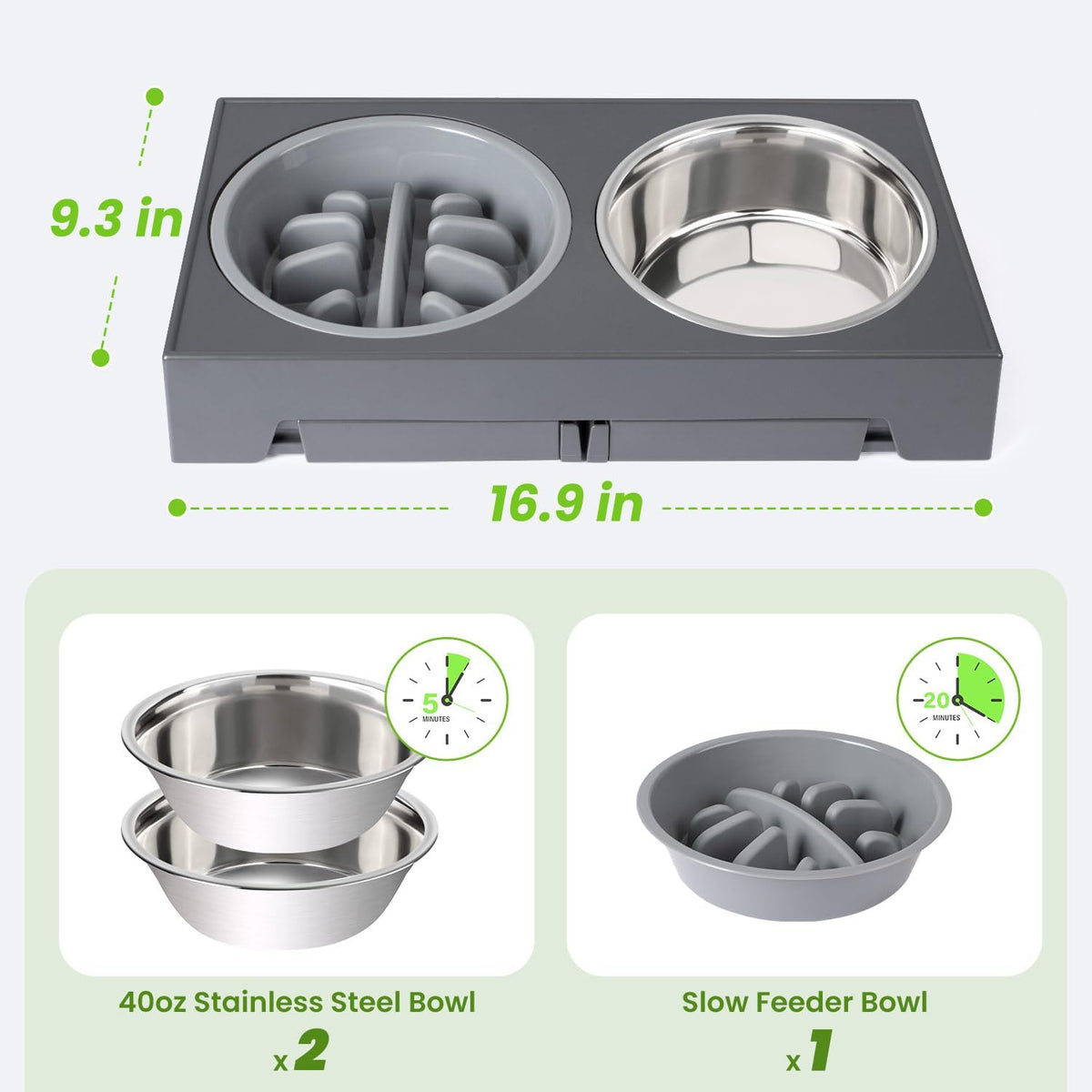 Elevated Dog Bowls with 5 Adjustable Heights Stand | 2 Stainless Steel Bowls, 1 Slow Feeder, 3.2" to 12.2" Hegiht Raised Dog Bowl for Small to Large Dogs