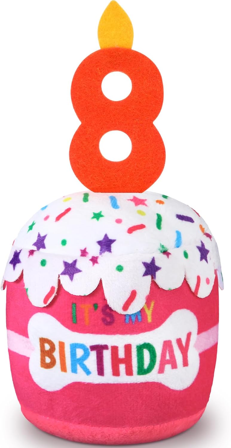 Dansydaisy Dog Birthday Cake Toy Squeaky Plush Gift,8th,Pink | Interactive Squeaky Gift for Dogs, Dog Birthday Decor , Soft Chew for Small Medium Large Pets, Cake Design with Candle
