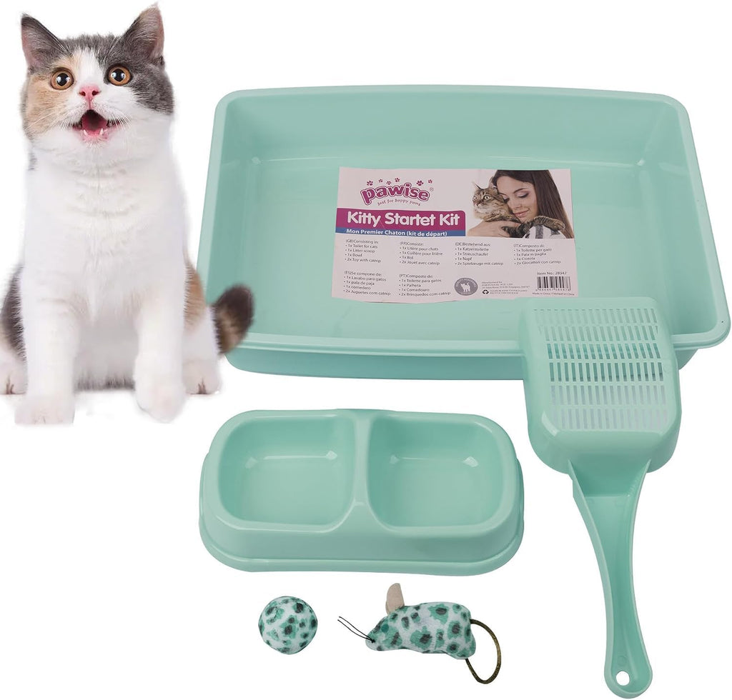 PAWISE Small Cat Litter Box,14.3 x 10.6 x 2.5 Kitten Litter Box Starter Kit,Low Entry,Scoop,Bowls,Cat Mouse Toy and Ball Toy,First Catty Owner Essentials(Green)