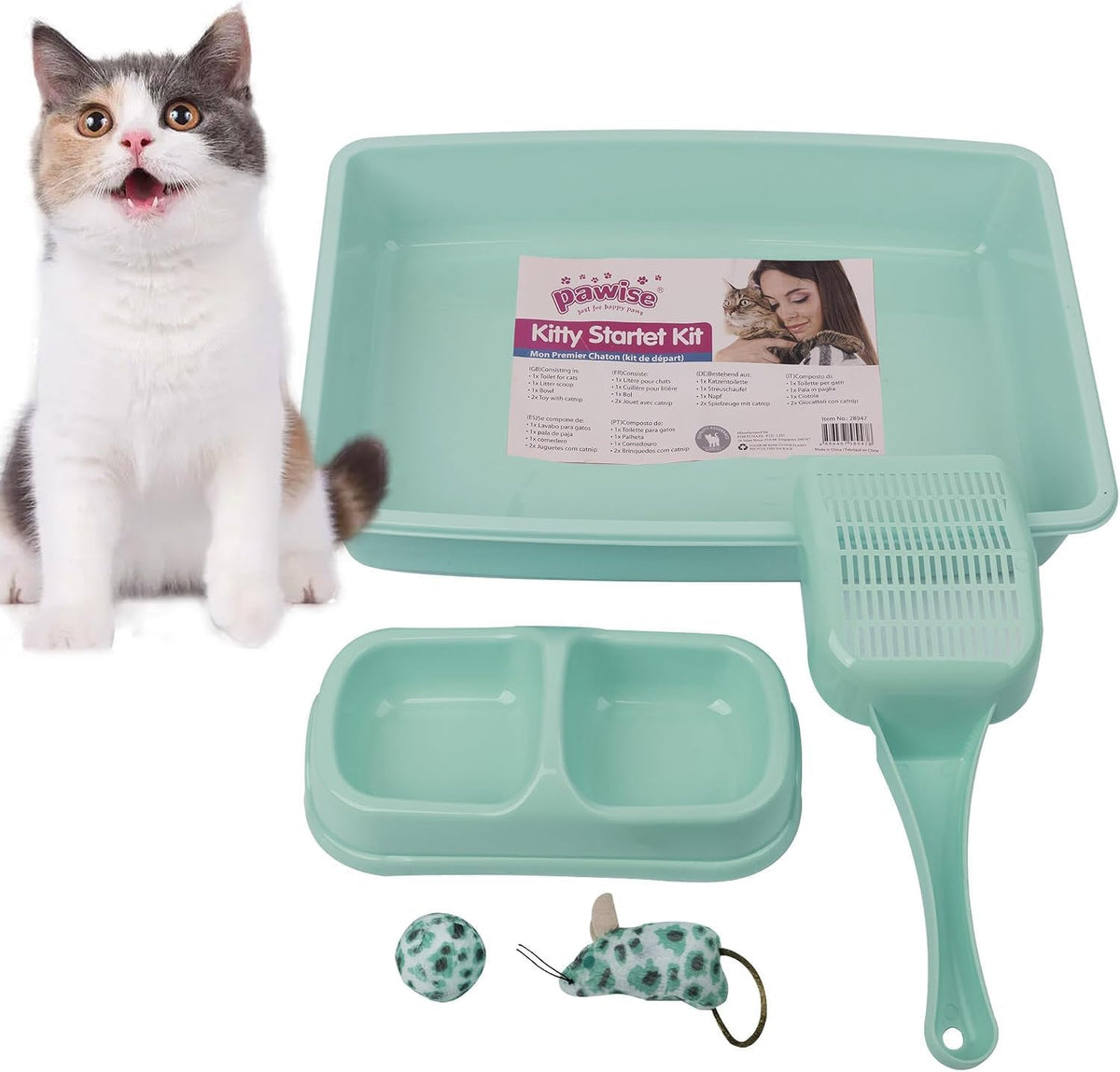 PAWISE Small Cat Litter Box,14.3 x 10.6 x 2.5 Kitten Litter Box Starter Kit,Low Entry,Scoop,Bowls,Cat Mouse Toy and Ball Toy,First Catty Owner Essentials(Green)