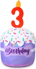 Dansydaisy Dog Birthday Cake Toy Squeaky Plush Gift,3rd,Purple | Interactive Squeaky Gift for Dogs, Dog Birthday Decor , Soft Chew for Small Medium Large Pets, Cake Design with Candle