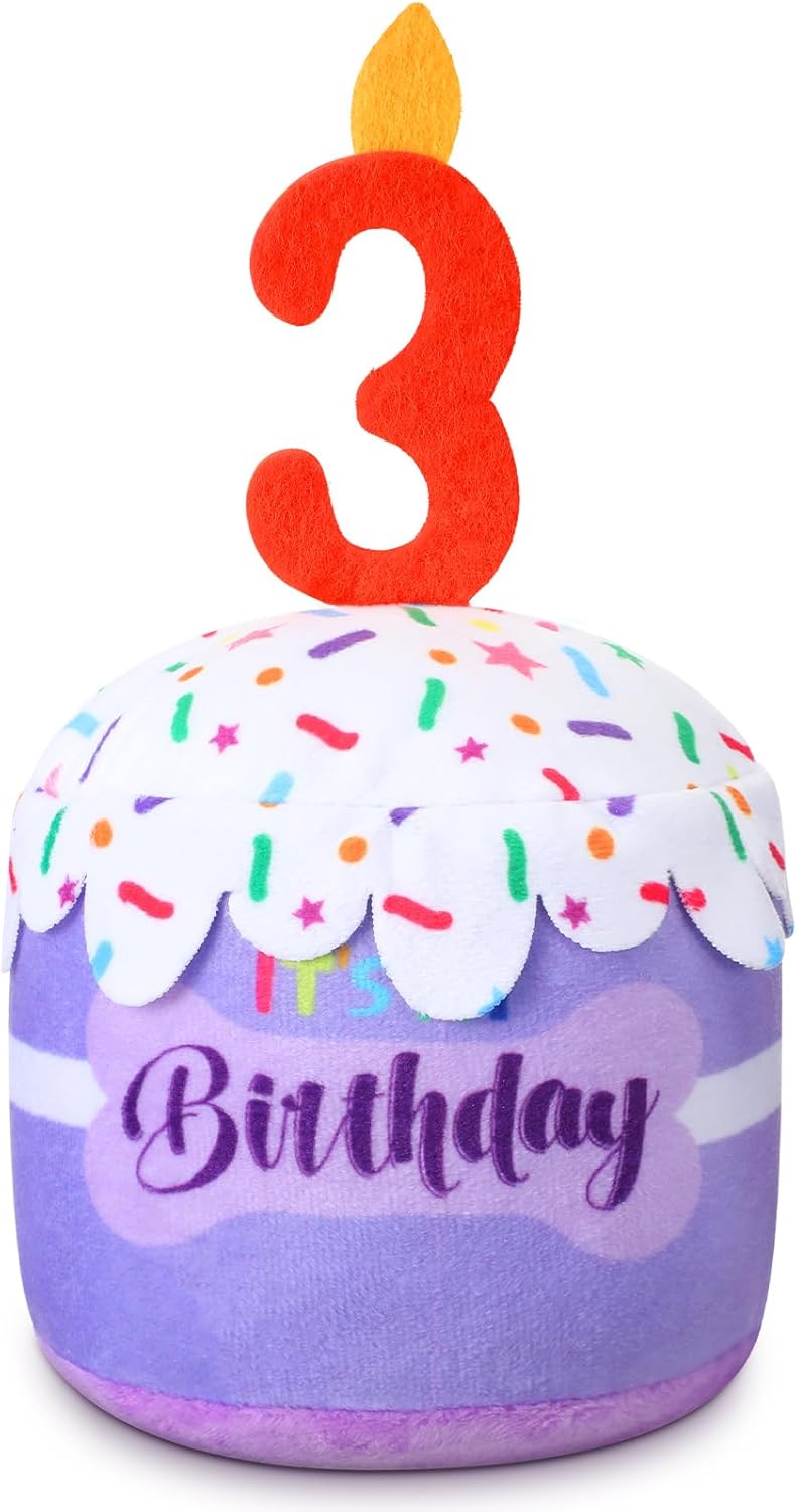 Dansydaisy Dog Birthday Cake Toy Squeaky Plush Gift,3rd,Purple | Interactive Squeaky Gift for Dogs, Dog Birthday Decor , Soft Chew for Small Medium Large Pets, Cake Design with Candle