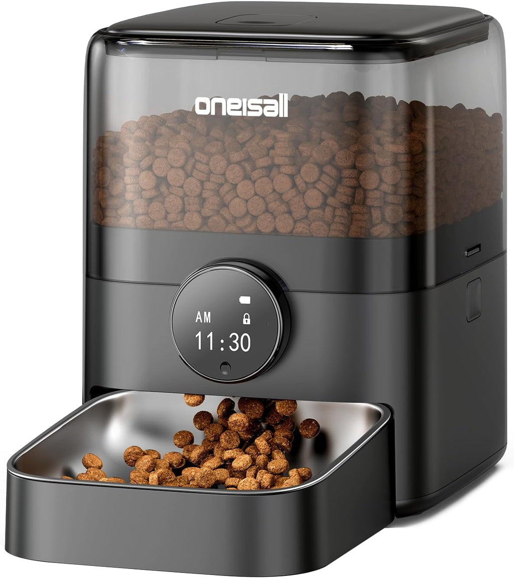 oneisall Automatic Cat Feeder for Large Kibble and Snacks, 12 Cups/3L Timed Pet Feeder for Cats Indoor, Programmable Dry Food Dispenser (Black)