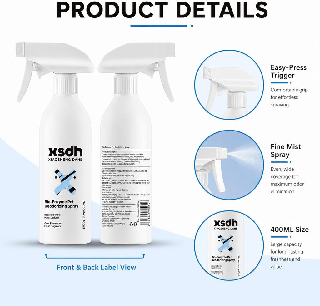 Pet Odor Deodorizing Spray, Bio-Enzyme Stain & Strong Odor Eliminator Spray for Dog Cat Pee Urine Pop, No-Rinse Air Freshener Spray for Smelly in Beds, Sofa, Carpet, Upholstery in Home & Car, 400ml