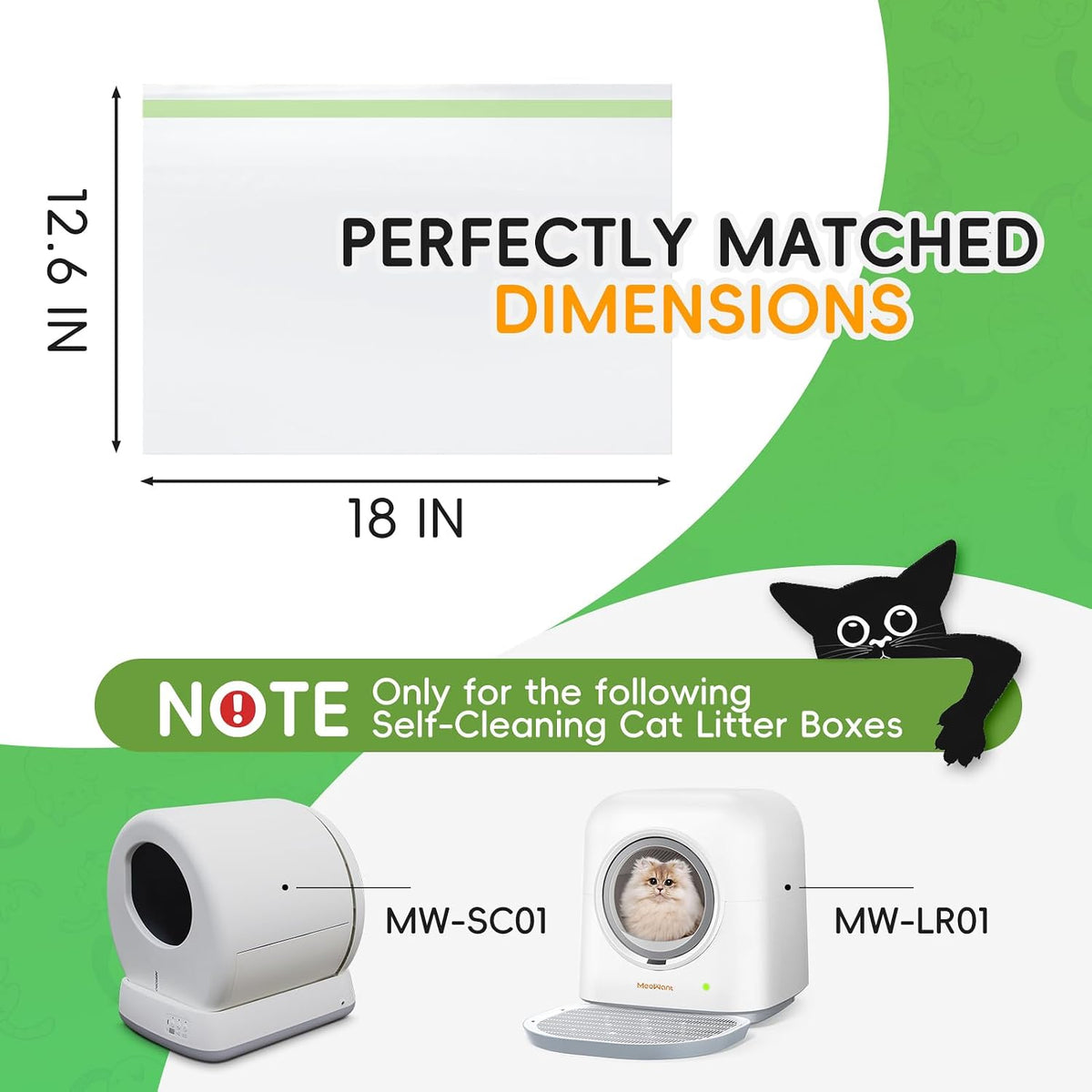 60 Pack Cat Litter Box Liners for Meo Want SC01, MW-SC02, MW-LR01,1.5 Mil Thick Drawstring Heavy Duty Leak-proof Disposable Smart Self-Cleaning Litter Box Robot Waste Drawer Trash Bags 18" x 12.6"