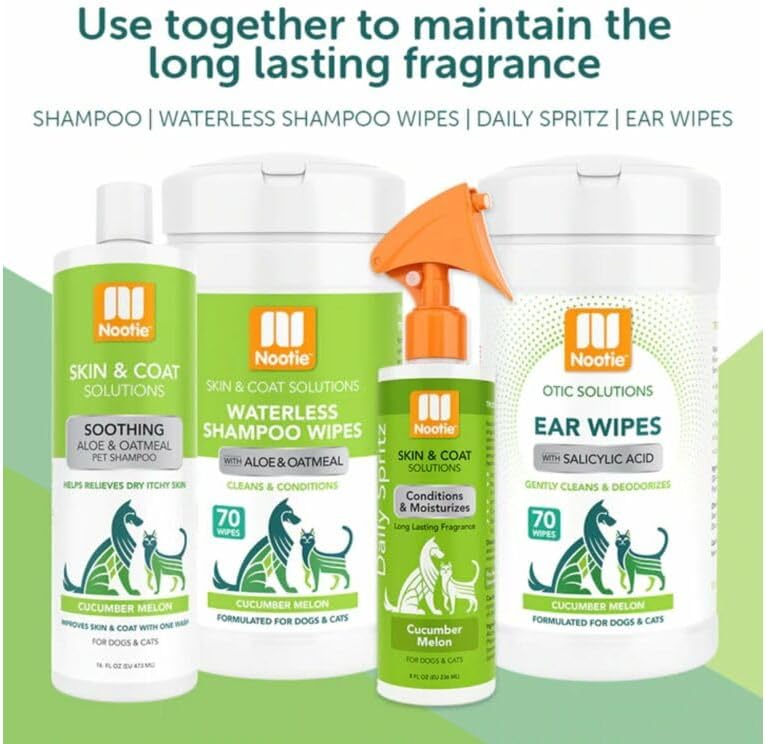 Nootie Waterless Shampoo Wipes, Cucumber Melon, Long-Lasting Fragrance | 70 Count, sold in 10,000+ vet clinics & pet stores, made in USA 