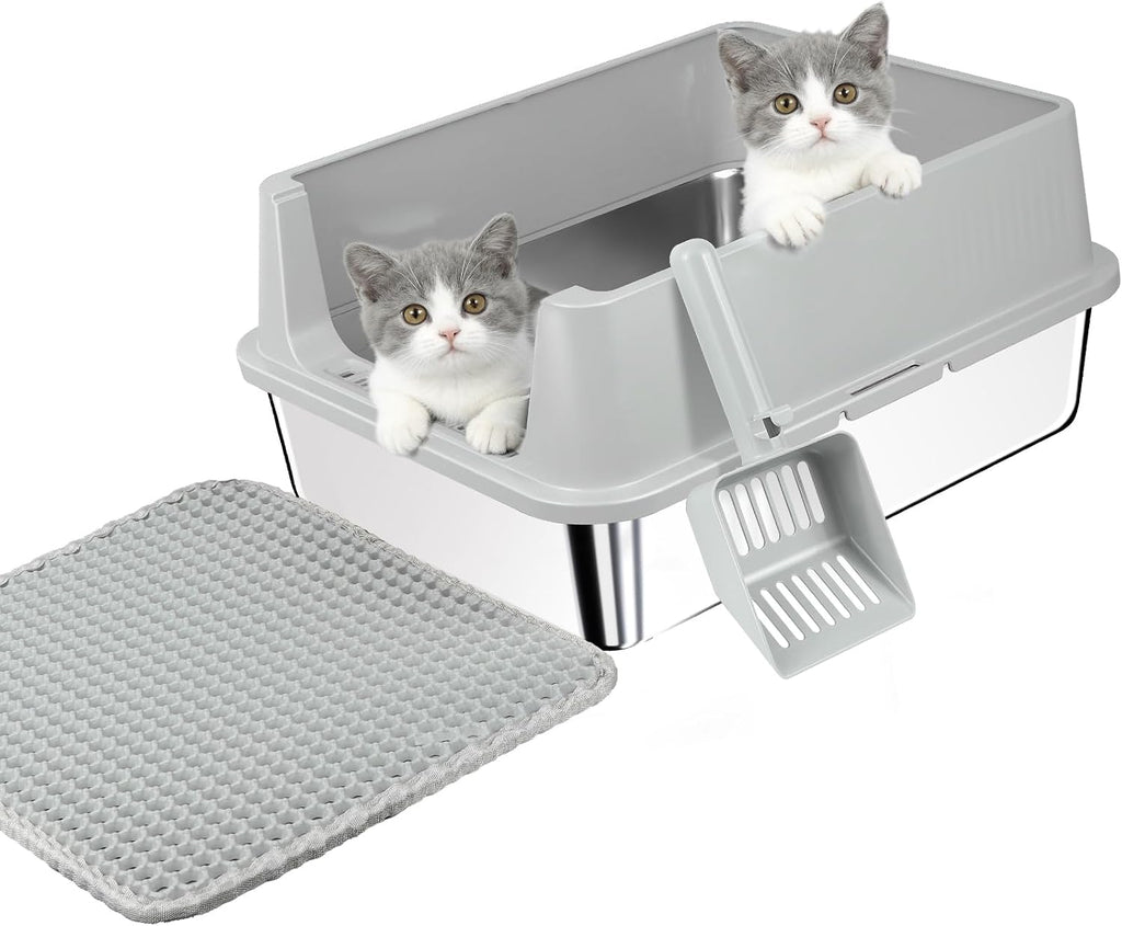 TENTIZON Stainless Steel Cat Litter Box for Kittens and Medium Cats, Open Top Metal Kitty Small Litter Box with High Sides Lid, Litter Mat, Scoop, No Odor, No Mess, Leak Proof, Easy Clean