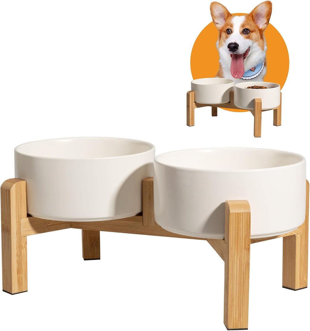 Elevated Ceramic Dog Bowl, 3.6 Cups Dog Food and Water Bowl Set with Stand | 6.1'' Double Dog Feeding Dishes, Non-Slip Raised Dog Feeder for Small and Medium Breeds, 28.74 OZ / 850 ML, White