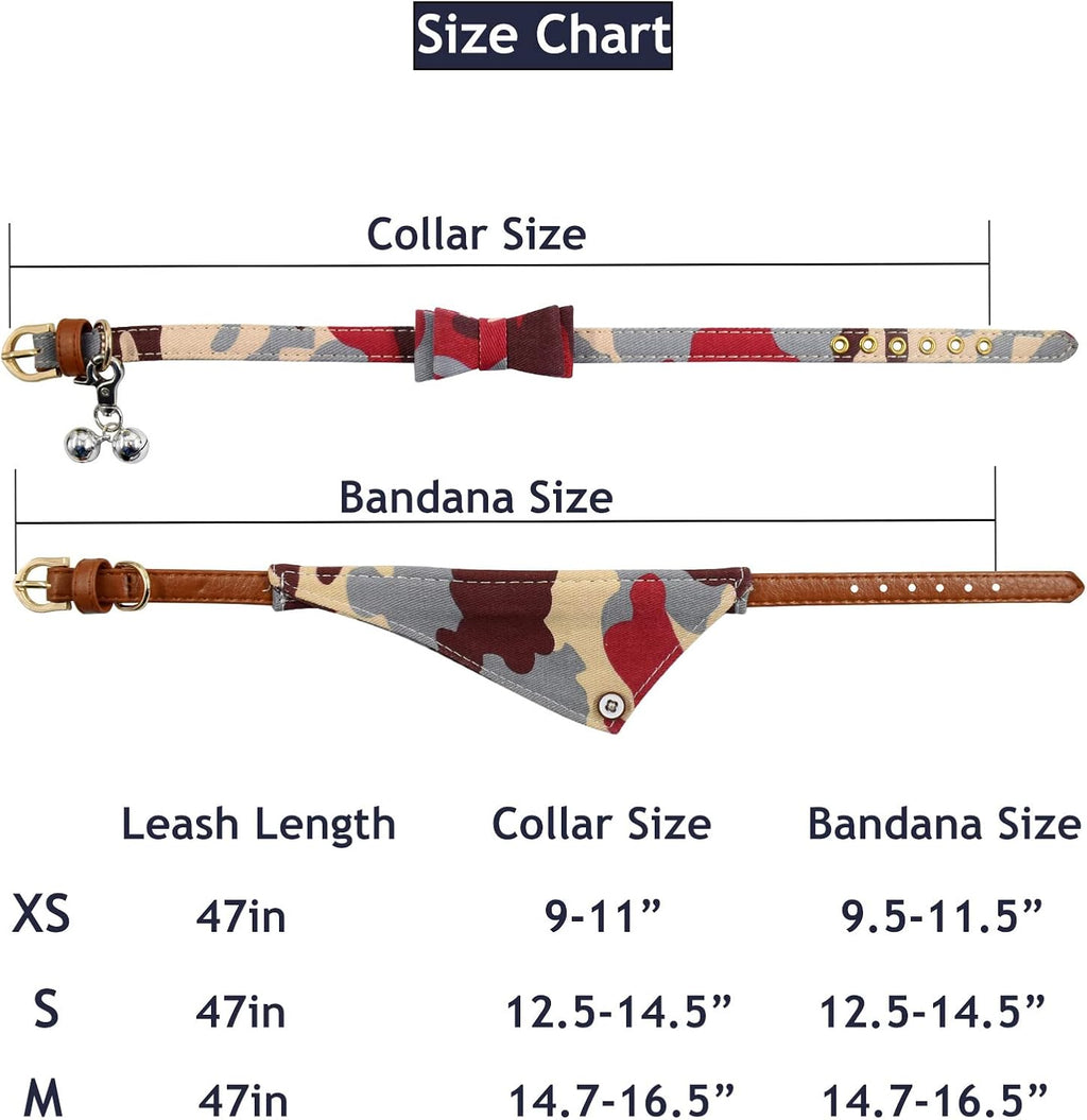 3PCS Bow Tie Dog Collar and Leash Set Plaid/Camo/Dots/Flower Dog Bandanas with Bell 3 Size Adjustable for Small Dogs Puppies and Cats (M, Camo 2)