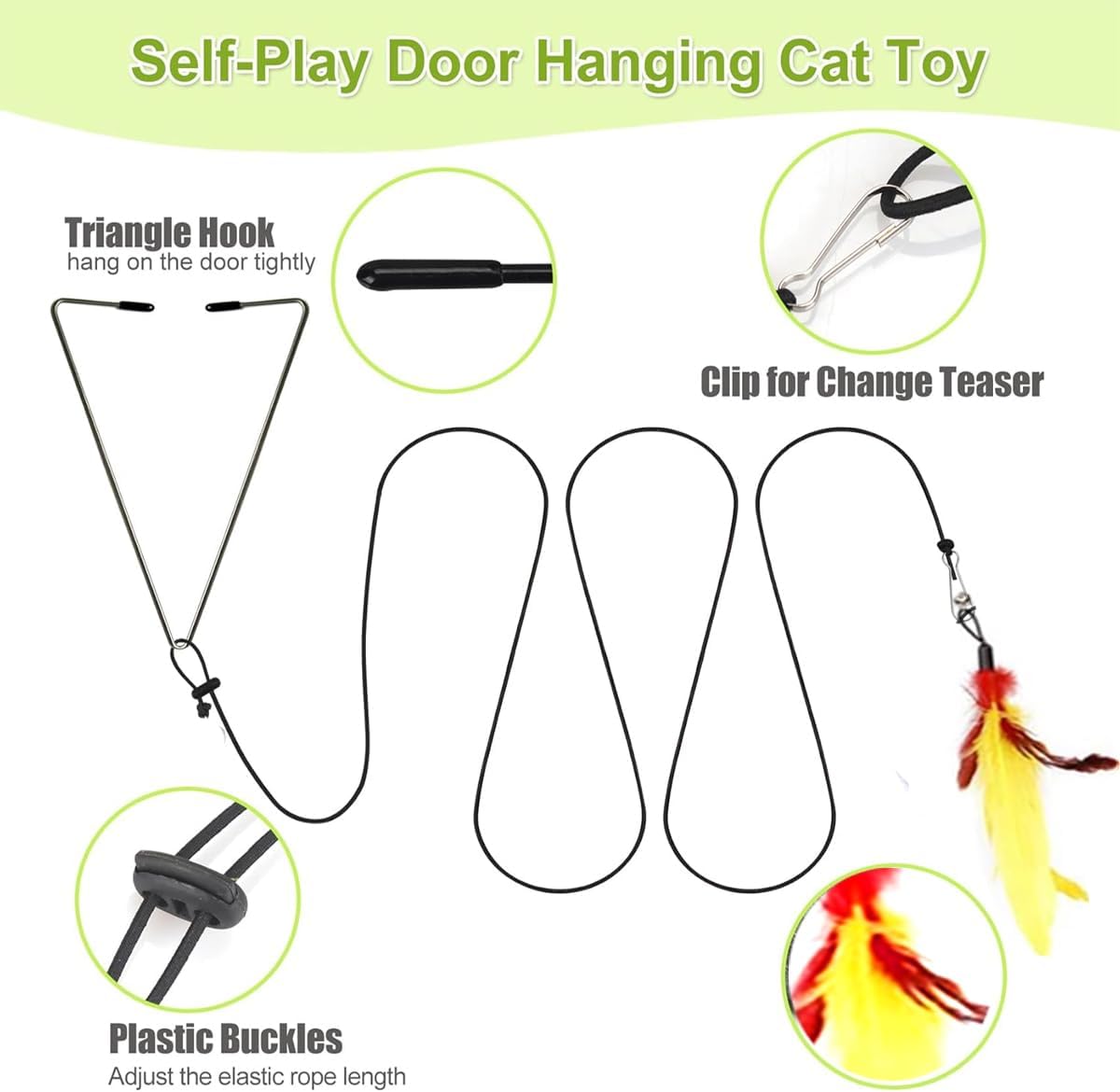 Suction Cup Door Hanging Cat Toy Set, Assorted Replaceable Refills Feather Worm Ribbon Mouse Butterfly Interactive Kitten Play Toy (Feather Set (10Pcs))
