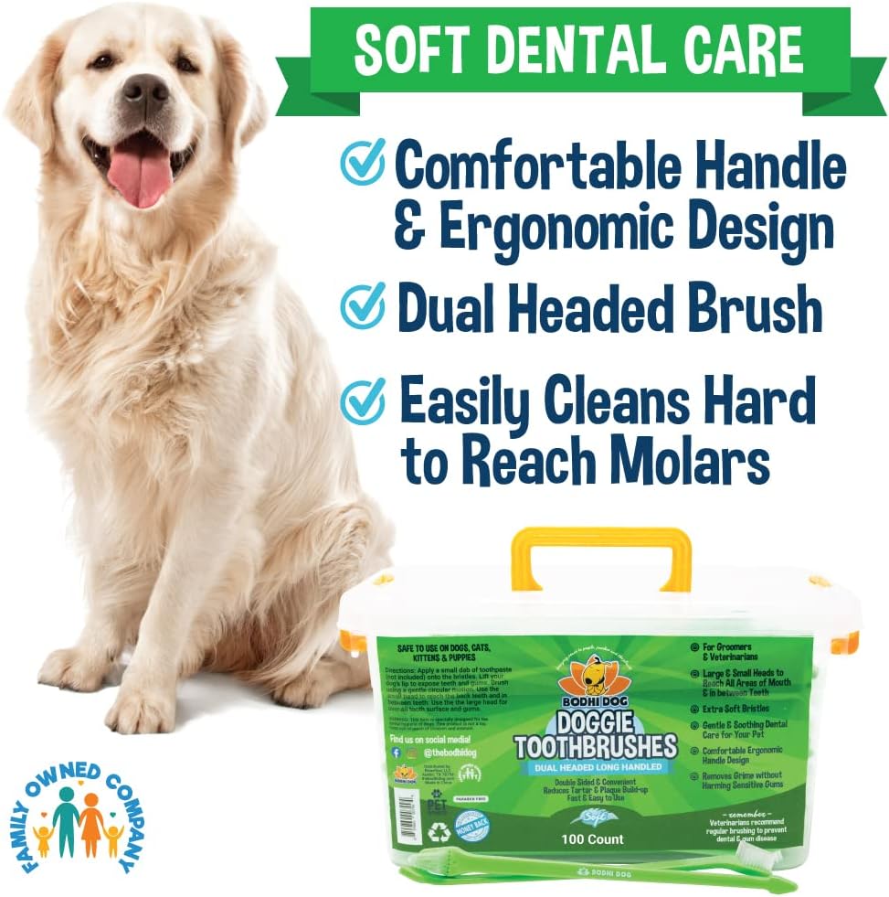 Bodhi Dog Dual-Headed Toothbrush for Dogs & Cats - Soft Bristles for Gentle Pet Dental Care - Puppy & Adult Teeth Cleaning - Easy-to-Use Design for Healthy Gums & Fresh Breath (100 Count) 