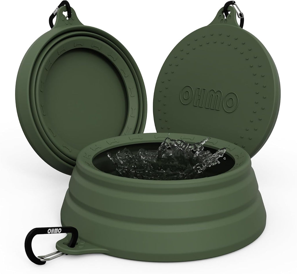 OHMO Spill Proof Collapsible Dog Bowl, 34oz Portable Dog Water Bowl | Low Center Gravity Stability, Tapered Splash Control, Foldable, Dishwasher Safe, Dog Travel Essential, Camo Green