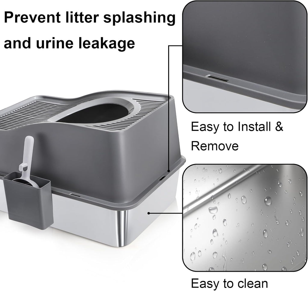 SOUJOY Stainless Steel Cat Litter Box with Lid, Extra Large Top Entry Litter Boxes for Big Cats, Enclosed Removable Metal Litter Box with Scoop and High Wall, Anti-Leakage, Easy Cleaning