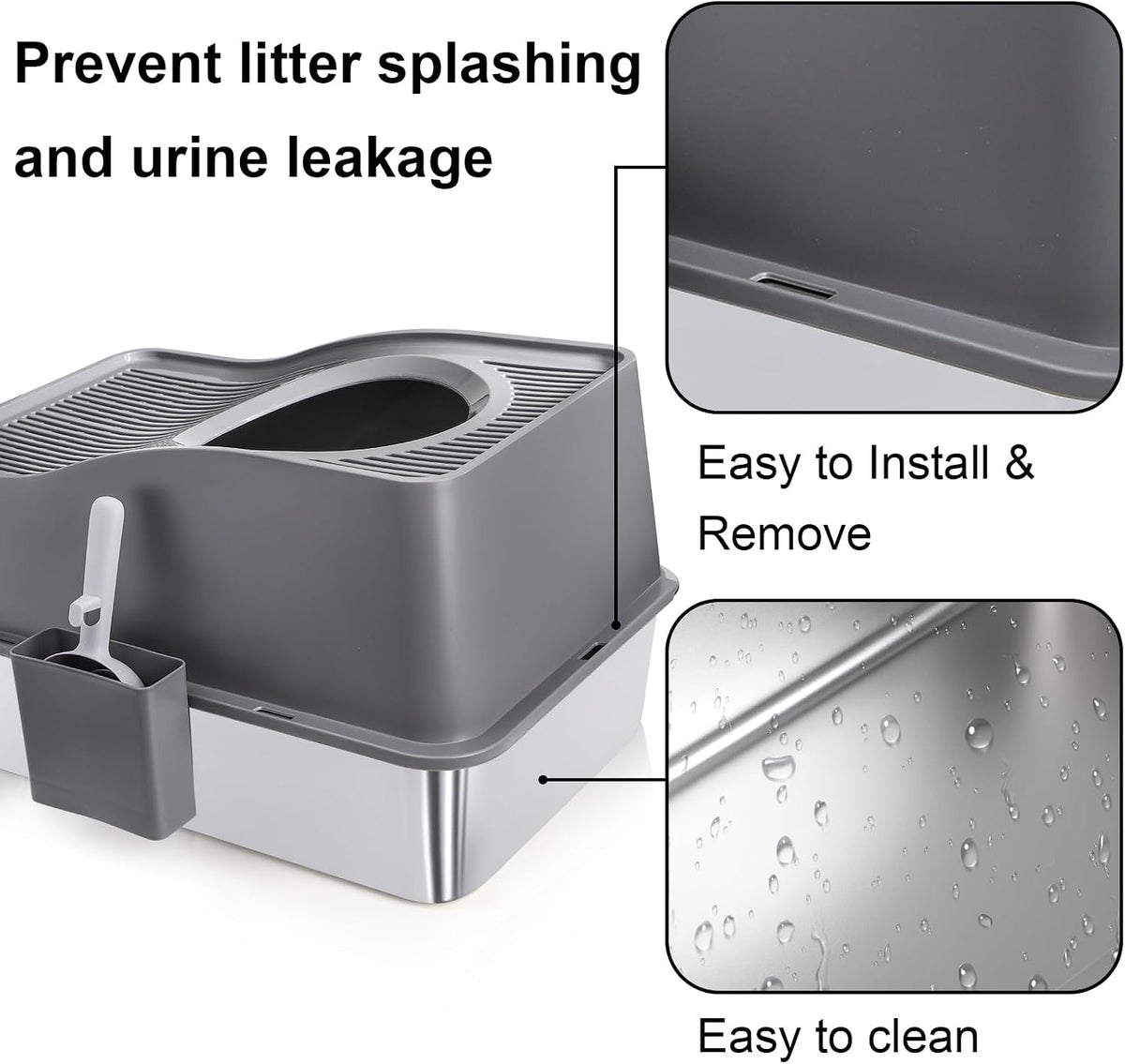 SOUJOY Stainless Steel Cat Litter Box with Lid, Extra Large Top Entry Litter Boxes for Big Cats, Enclosed Removable Metal Litter Box with Scoop and High Wall, Anti-Leakage, Easy Cleaning