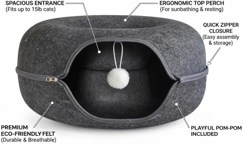 Cat Cave Tunnel Bed - Comfort Bedz Large Donut Cat House, Enclosed Felt Hideaway with Zipper, Top Perch, Interactive Toy, Washable for Indoor Cats up to 25lbs