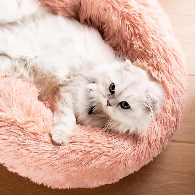 Large Cat Beds for Indoor Cats - Dog Beds for Small Medium Dogs, Anti Anxiety Round Fluffy Plush Faux Fur Pet Bed, Thick Bottom (Pink, Large 24" L x 24" W)