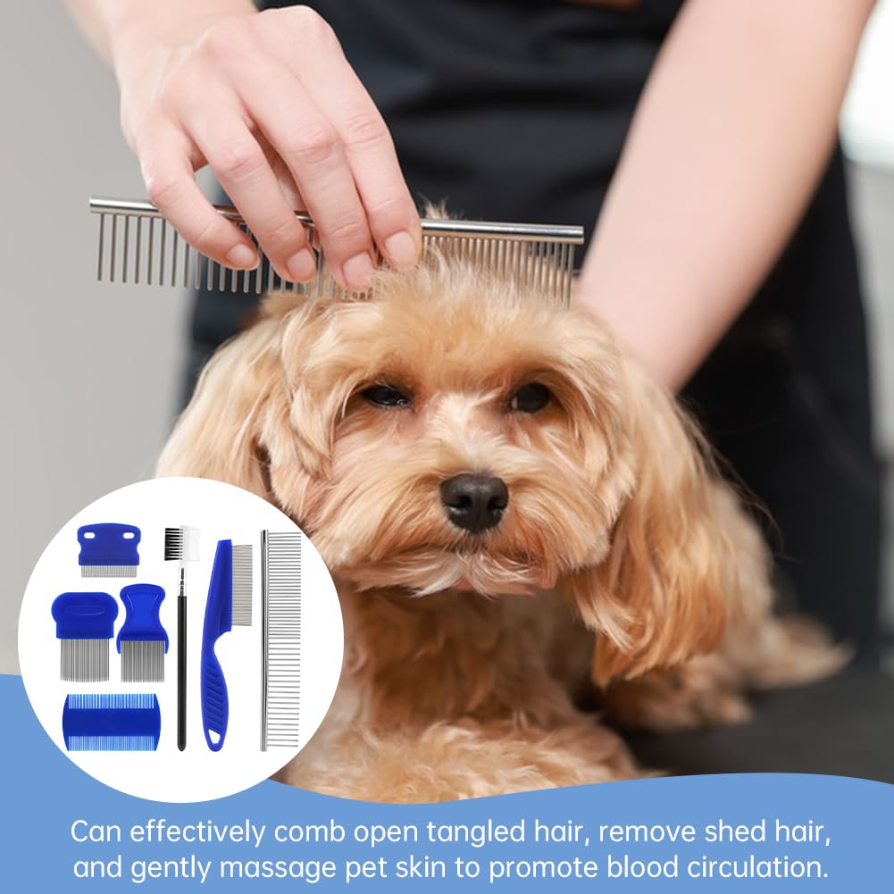 7PCS Pet Grooming Comb Set, Stainless Steel Flea Lice Tick Removal Combs