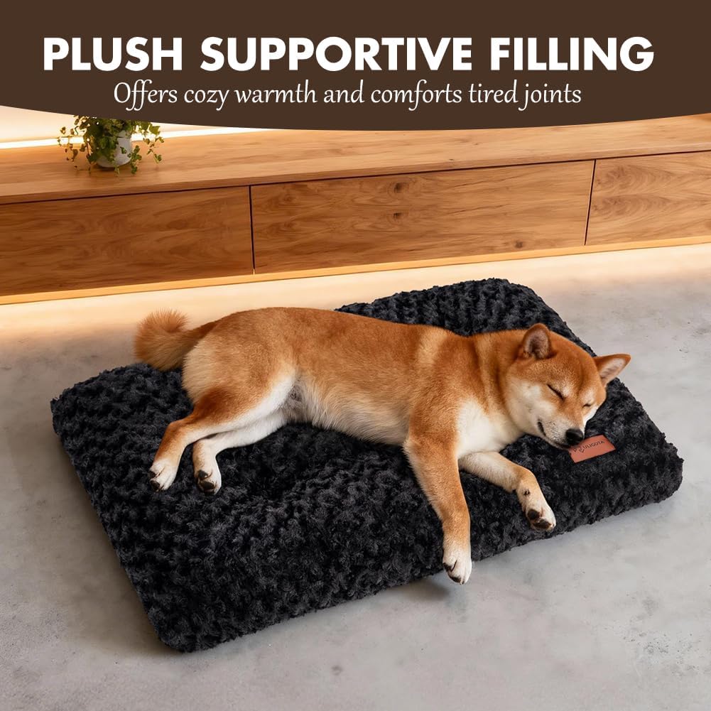 Dog Bed Crate Pad - Rosette Pattern White Velvet Pet Bed Anti-Slip Comfy Kennel Pad for Crates Rosette Black XL