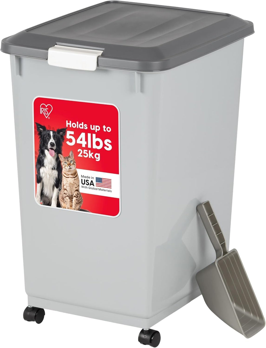 IRIS USA Dog Food Storage Container, Up to 54 lbs, Gray/Dark Gray | Made in USA, Comes with Wheels & 2-Cup Scoop, Airtight Seal, BPA-Free, Bird Seed, Cat food, Cat Litter, Treats, Pellets