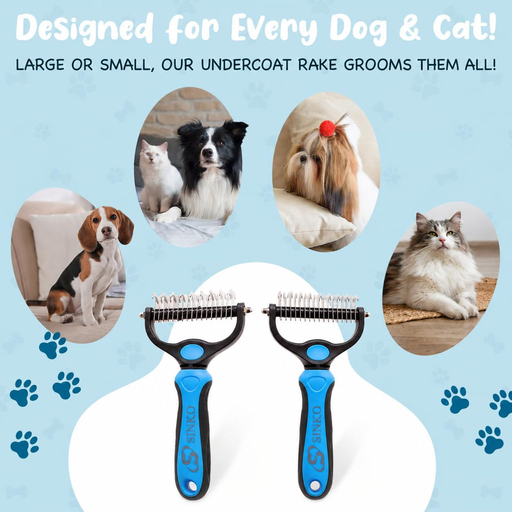 Sinko Shedding Brush For Dog and Cat, Undercoat Rake with Extra Wide Double-Sided Stainless Teeth for Detangling, Deshedding, Brushing & Removing Shed Fur, Knots, Mats, and Tangles in Pets (Blue)