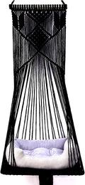 Macrame Hanging Cat Hammock Bed Cat Swing House Space Saving Window Perch with Washed Cotton Cats Toy Tassel Basket Tapestry (Black, Swing Bed+Cushion, XL)