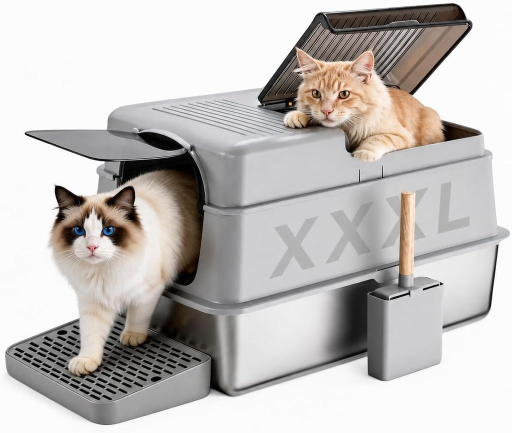 KalraMay Extra Large XXXL/XXL Stainless Steel Litter Box with Lid, Gray