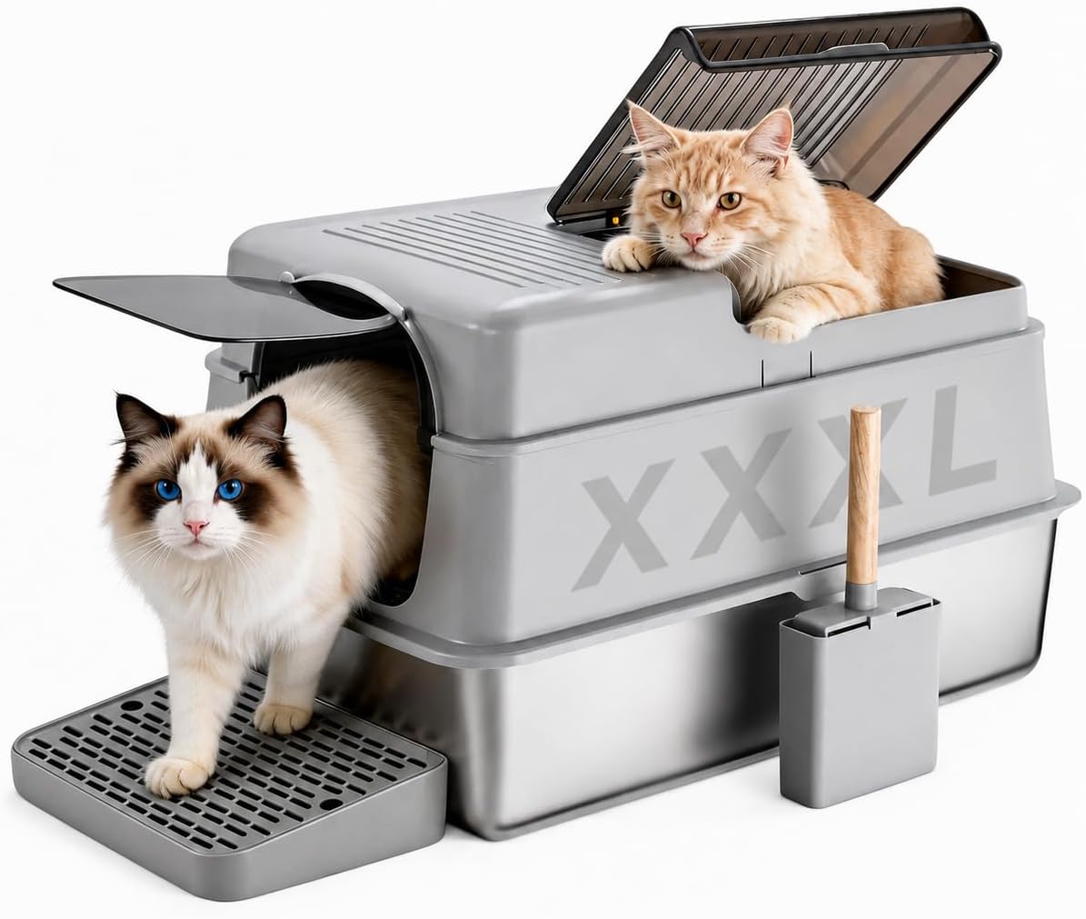 KalraMay Extra Large XXXL/XXL Stainless Steel Litter Box with Lid, Gray