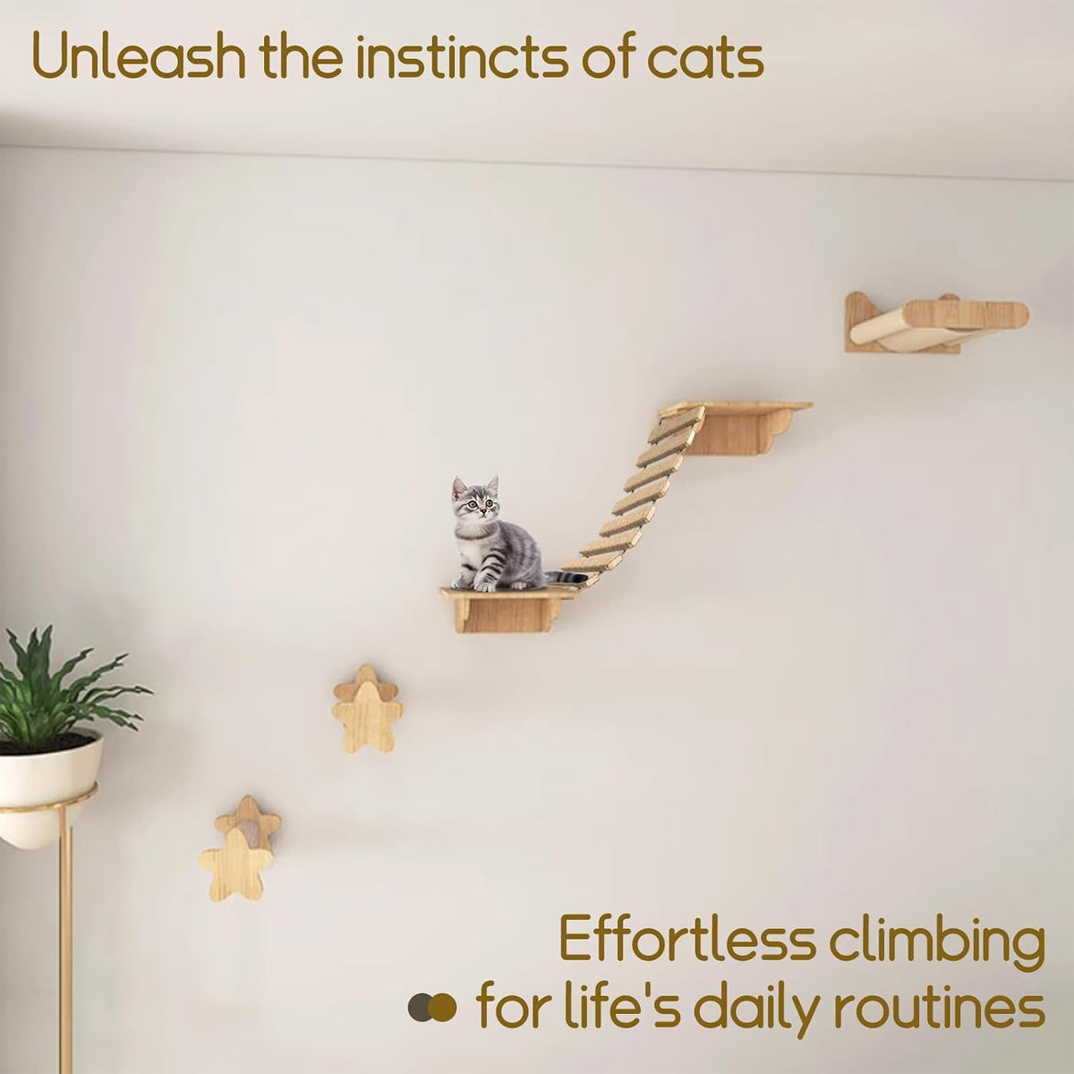 Cat Ladder & Bridge for Indoor Cats - Wooden Cat Wall Furniture with Climbing Rope - Wall Mounted Cat Shelves for Play & Lounging (Wood Tone, A-20in)