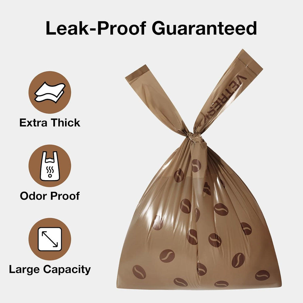 VETRESKA Dog Poop Bags with Handles 120 Count, Coffee Scented Waste Bags | Leak-Proof Thick Dog Bags for Poop, Easy-Tie Large Poop Bags, 8 Refill Rolls for Dog Walking Cat Litter