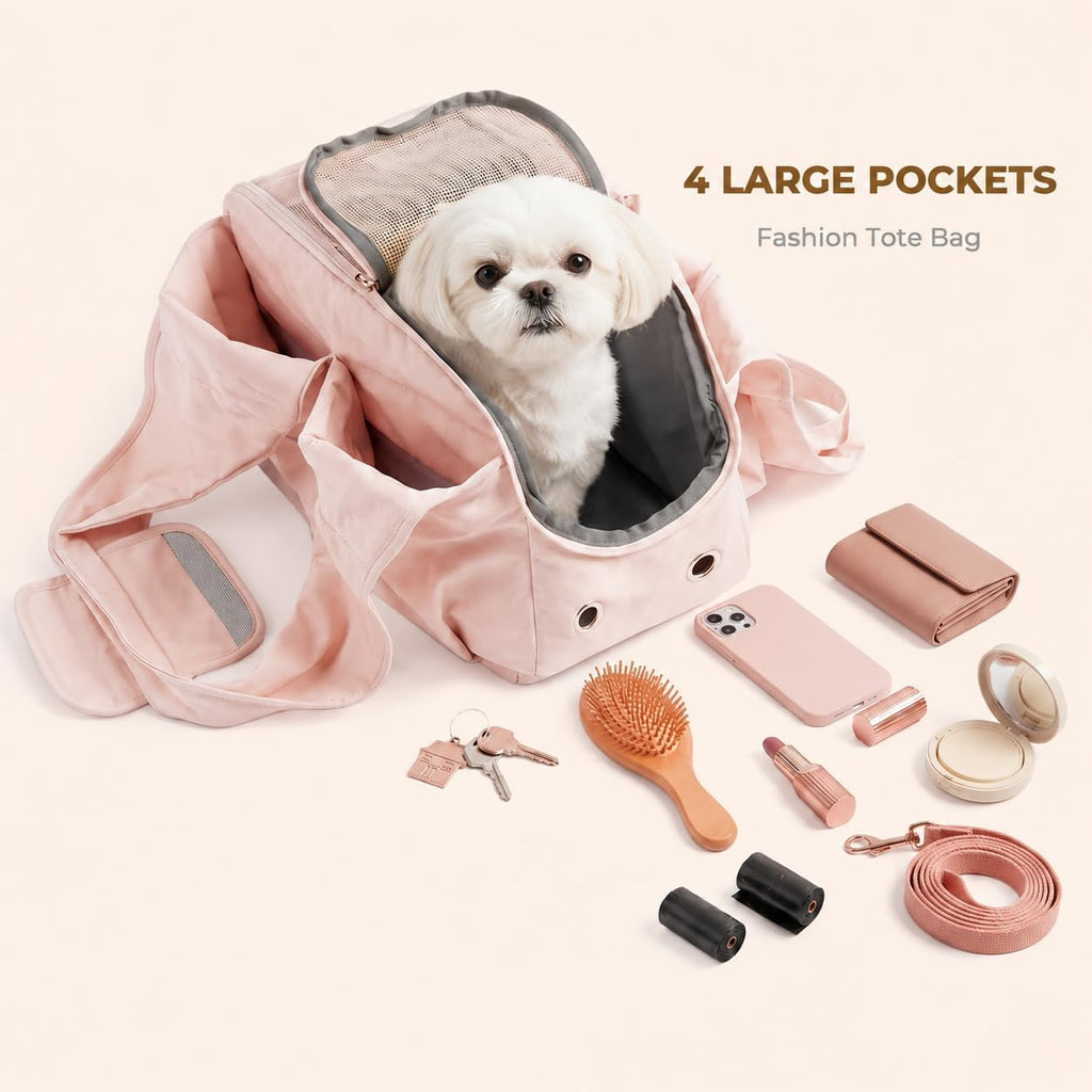 Fashion Dog Purse Carrier for Small Dogs and Cats, Soft-Sided Puppy Tote Bag Up to 13lbs, Lightweight Pet Carrier with 4 Pockets, Smart Zipper Lock, Pet Travel Bag for Travel Outdoor(Pink)
