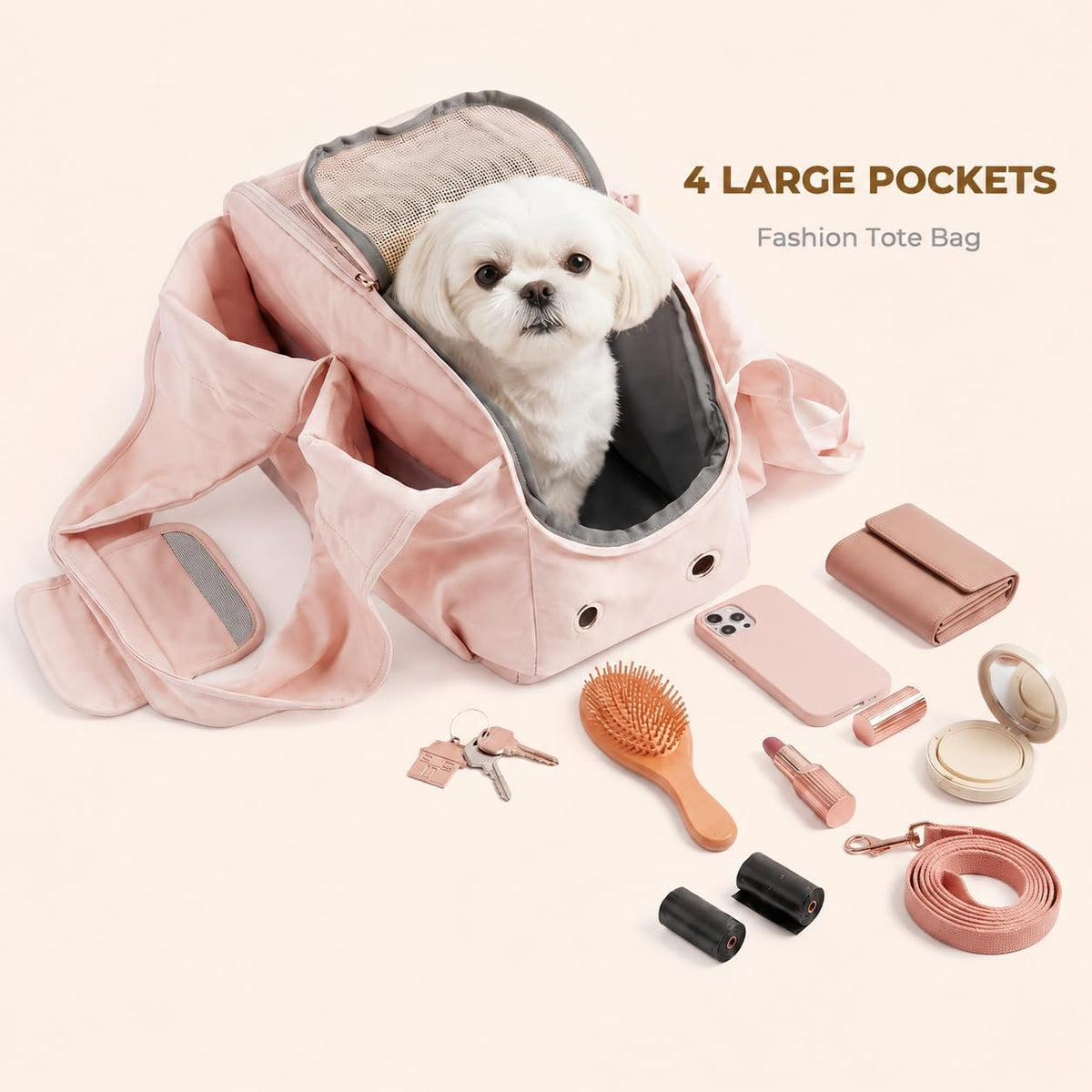 Fashion Dog Purse Carrier for Small Dogs and Cats, Soft-Sided Puppy Tote Bag Up to 13lbs, Lightweight Pet Carrier with 4 Pockets, Smart Zipper Lock, Pet Travel Bag for Travel Outdoor(Pink)