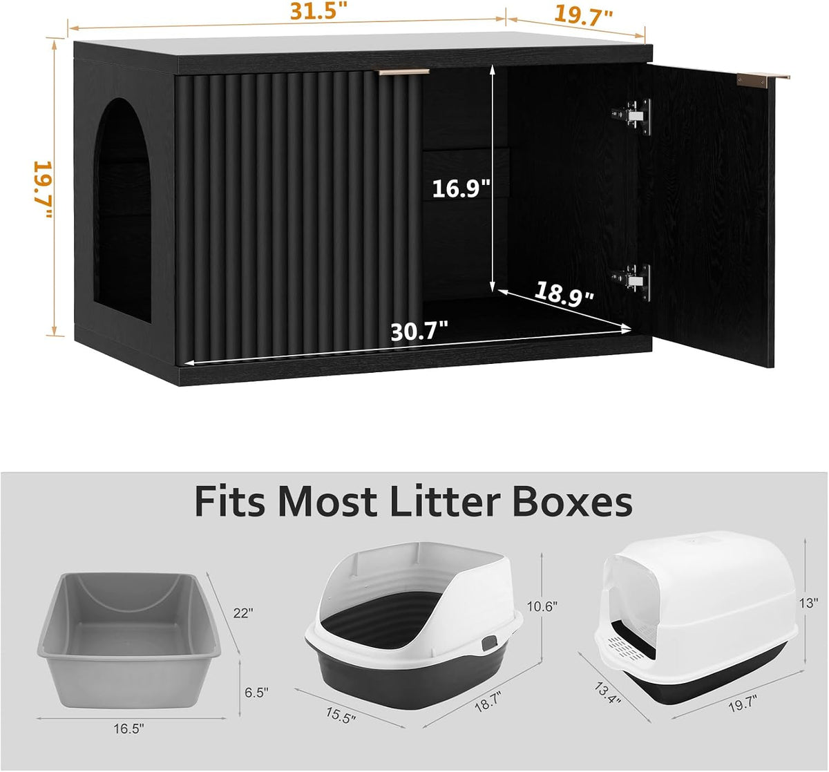 Homhedy Cat Litter Box Enclosure,Modern Fluted Accent,Black