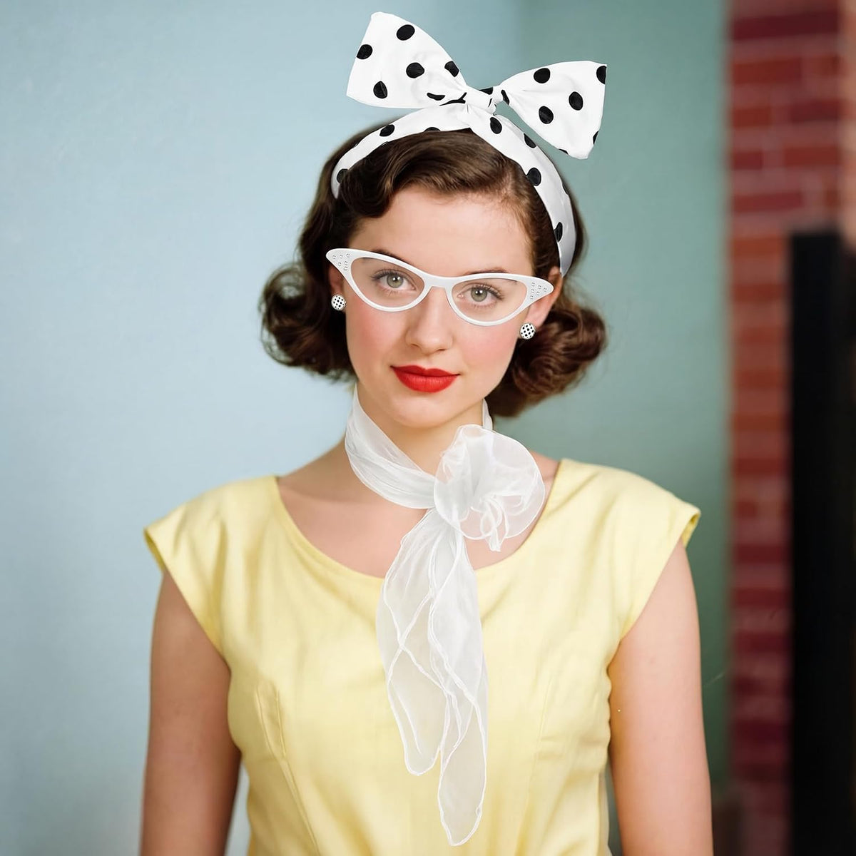 50s Set 50's Costume Accessories Chiffon Scarf Cat Eye Glasses Bandana Tie Headband Earrings for Cosplay Party