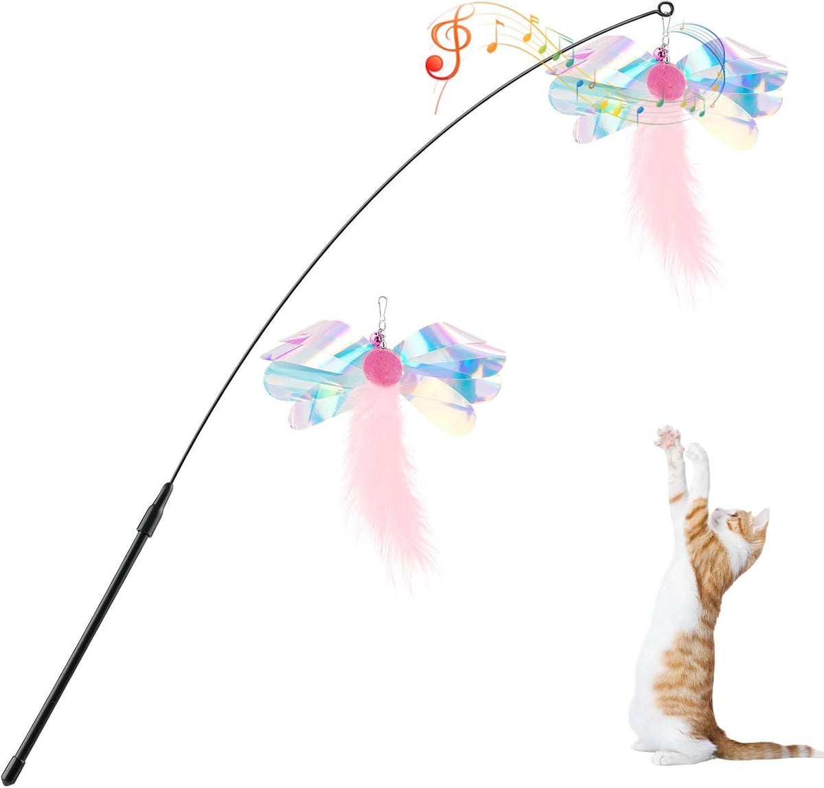 Pawaboo Cat Feather Wand Interactive Toy, 2 Feathers + 1 Wand with Bell | Cat Feather Teaser Toys Flying Catcher Extra Long 34.5" Wand Exerciser Playing Chase Cat Toy Wands for Kitten, Pink Butterfly