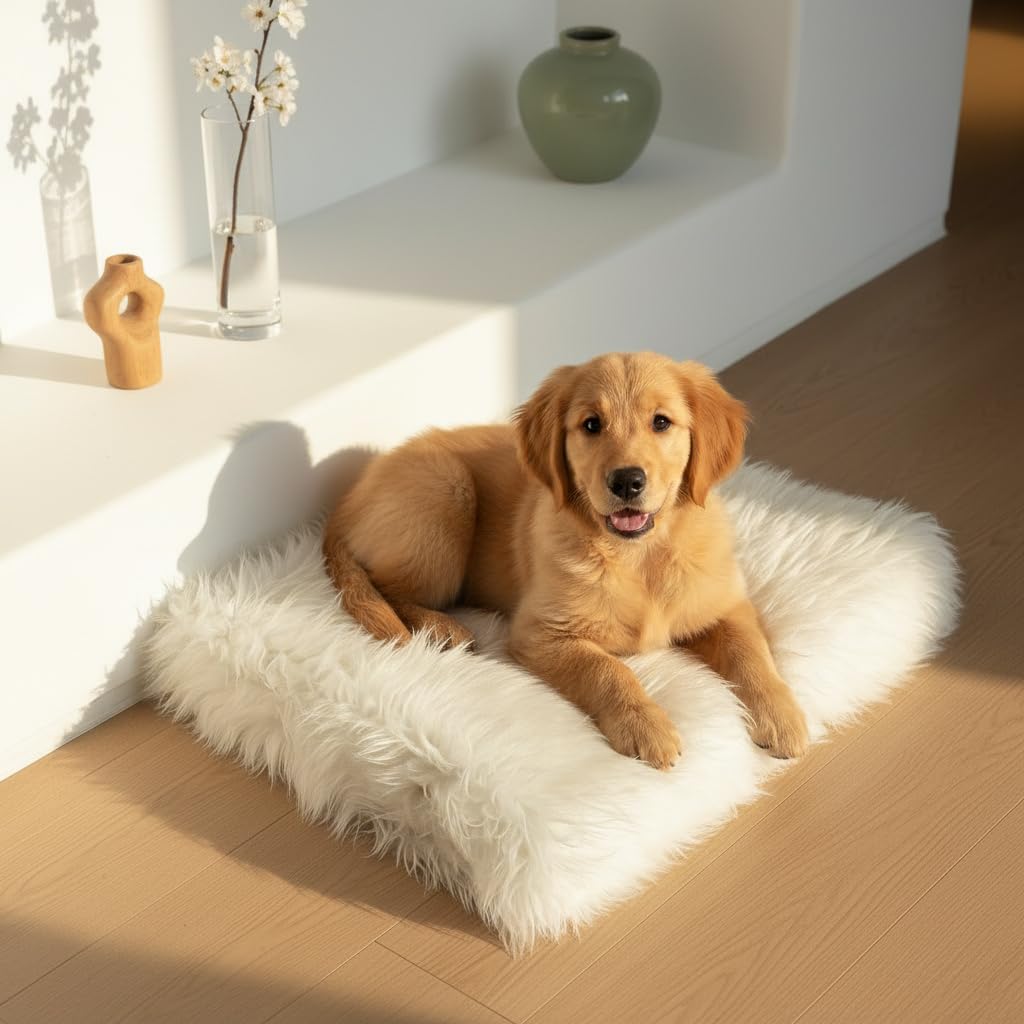 Faux Fur Orthopedic Rectangular Dog Bed, Memory Foam, White Small 23"x18"