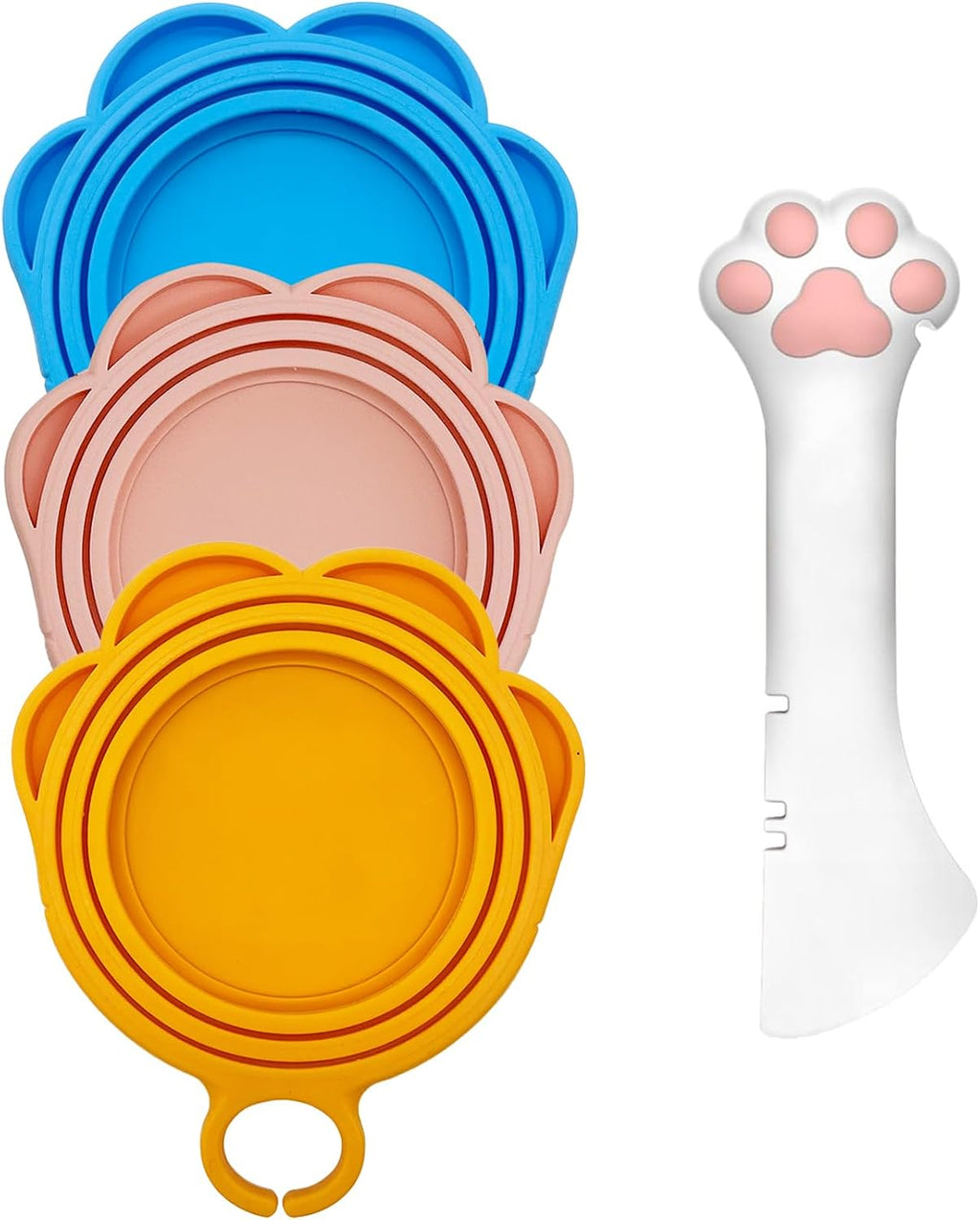 3 Pcs Cat Food Can Lids & One Opener | Cute Paw Shape Can Covers and Opener Spatula Cat Spoons for Wet Food | Universal BPA Free Silicone Spoon & Covers for Dog Cat Cans(Multicolor)