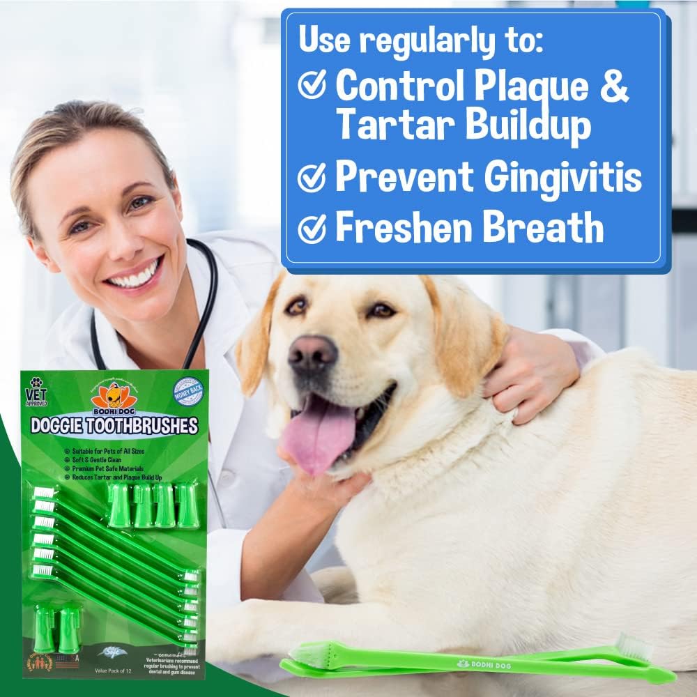 Bodhi Dog Toothbrush Combo Pack - Soft Finger & Dual-Ended Brushes - Gentle Bristles for Dogs & Cats - Easy Teeth Cleaning (6 Long & 6 Finger) 