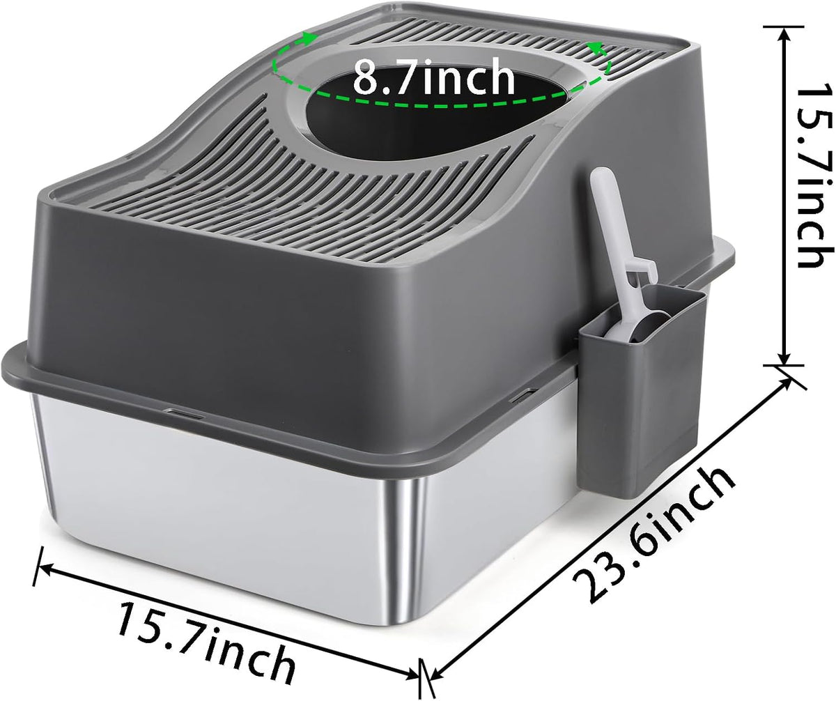 SOUJOY Stainless Steel Cat Litter Box with Lid, Extra Large Top Entry Litter Boxes for Big Cats, Enclosed Removable Metal Litter Box with Scoop and High Wall, Anti-Leakage, Easy Cleaning
