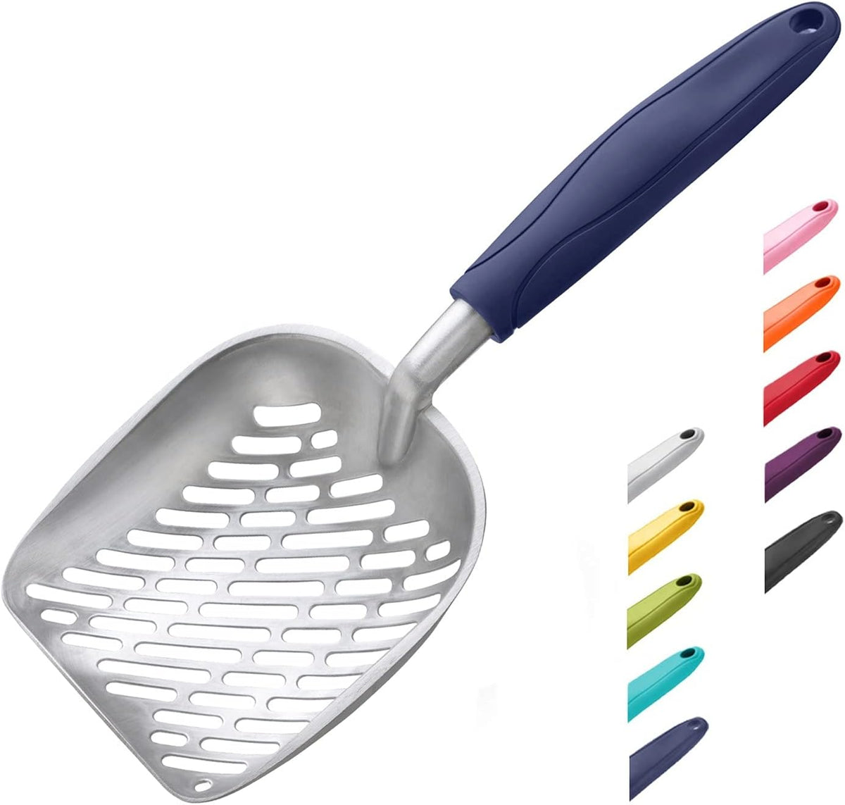 WePet Cat Litter Scoop, Aluminum Alloy Sifter, Kitty Metal Scooper, Deep Shovel with Diagonal Sifting Hole, Long Handle, Kitten Poop Lifter for Litter Box, Large Size, Blue Handle